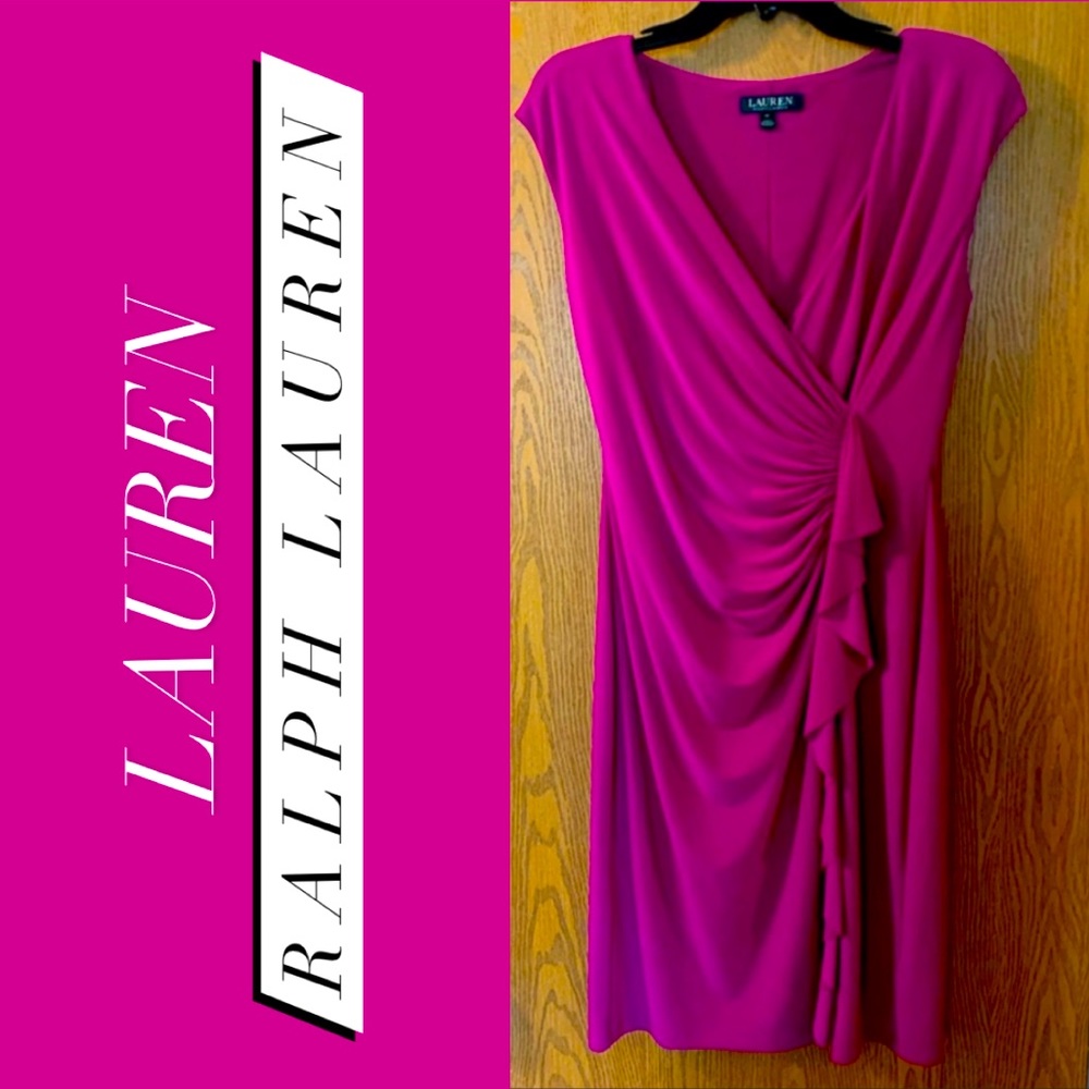 RALPH LAUREN V-Neck Faux Wrap Ruffle Dress